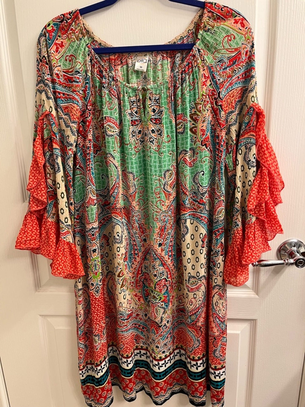 Bila Boho Paisley Peasant Dress in Green, Coral, Cream, Blue. SZ Medium